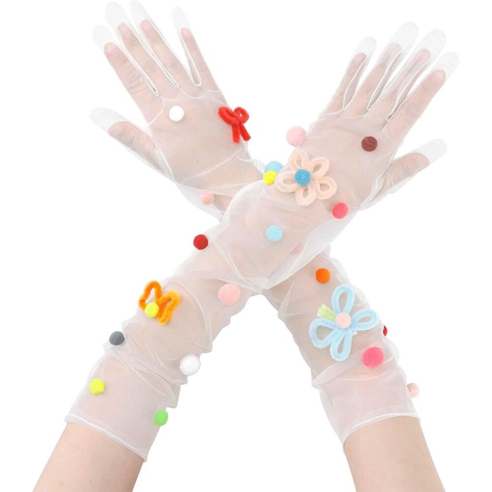 Women's White-8 Floral Tulle Pearl Long Sleeves Gloves Polka Point Evening